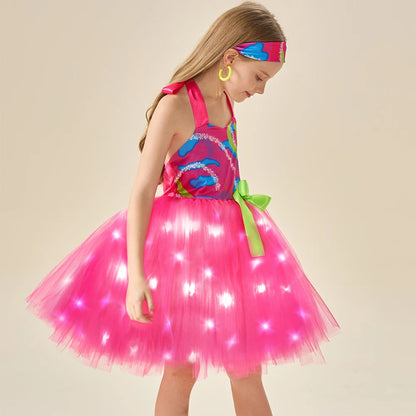 Girls Barbara Light-up Dress Pink Cowgirl LED Dress Iconic Movie Cosplay Costumes