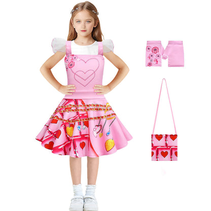 Girls Bridget Costume Queen of Hearts Pink Fly Sleeve Party Dress Bag and Gloves