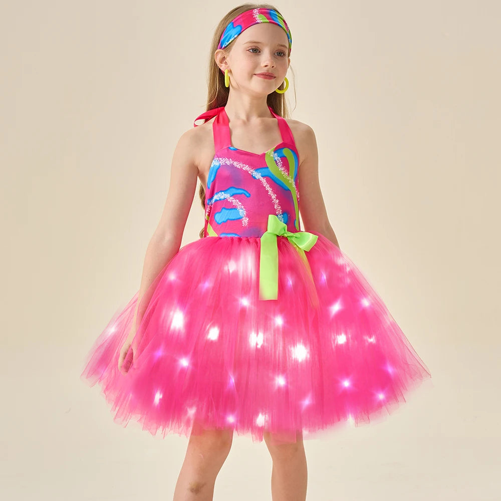 Girls Barbara Light-up Dress Pink Cowgirl LED Dress Iconic Movie Cosplay Costumes