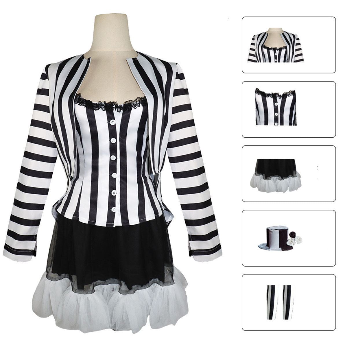 Women‘s Betelgeuse Costume Lydia Deetz Black and White Striped Suit for Halloween Carnival