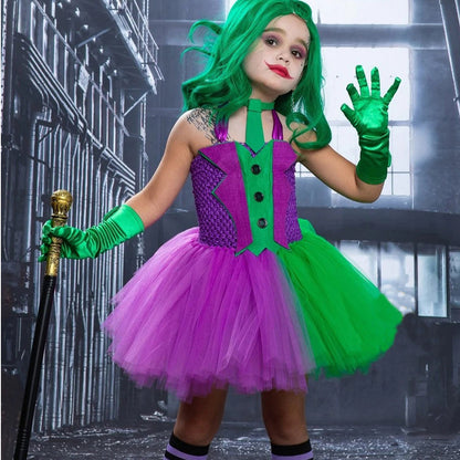 Girls Horror Clown Costume Crazy Joker Outfit Scary Purple Tutu Dress and Gloves for Dress Up Party