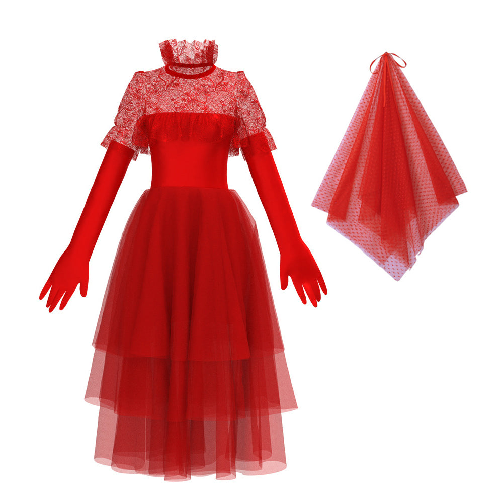 Adult Lydia Deetz Outfit Beetle Bride Red Wedding Dress Gothic Cosplay Costume with Veil and Gloves