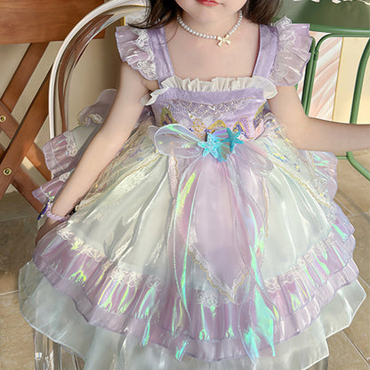 Kids Princess Dress Multi Layer Mermaid Dress Birthday Dress with Tulle Bow Veil