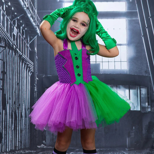 Girls Horror Clown Costume Crazy Joker Outfit Scary Purple Tutu Dress and Gloves for Dress Up Party