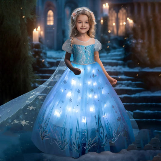 Elsa Dress Girls Princess Dress Fancy Light Up Dress with Cape Snow Queen Party Dress