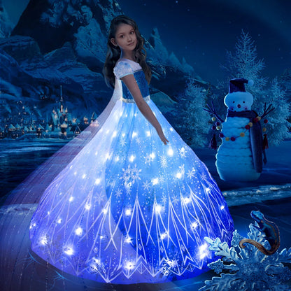 Elsa Costume Princess Dress Girls Light Up Dress Snowflake Trailing Party Dress Birthday Dres