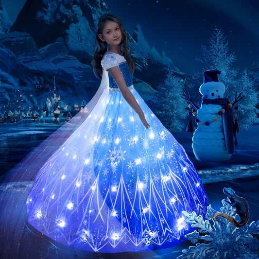 Elsa Costume Princess Dress Girls Light Up Dress Snowflake Trailing Party Dress Birthday Dres