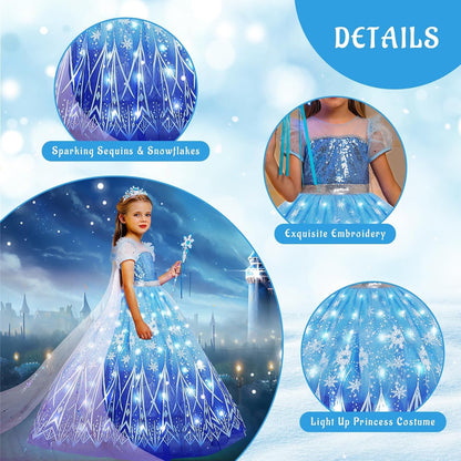 Elsa Costume Princess Dress Girls Light Up Dress Snowflake Trailing Party Dress Birthday Dres