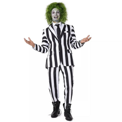 Men's Betelgeuse Costume Black and White Striped Suit Jacket Pants Shirts Outfit for Halloween Cosplay