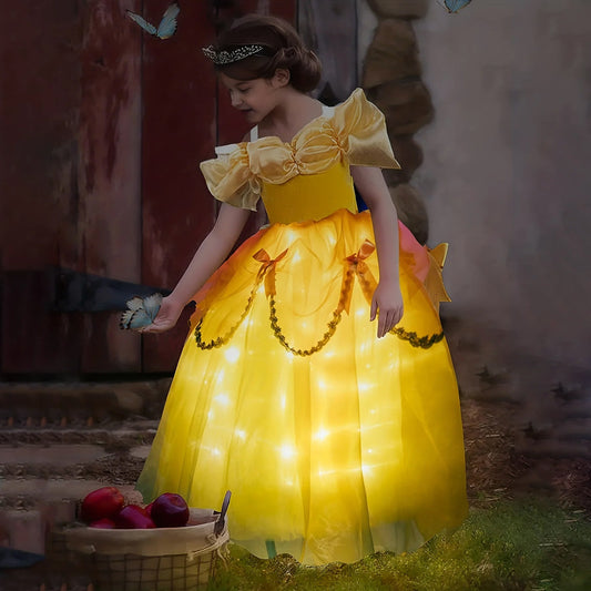 Kids Princess Belle Dress Light Up Dress Beauty Party Dress Girls Birthday Princess Dress