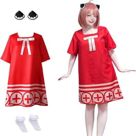 Anya Forger Red Dress Anime Cosplay Costume Anya Forger Dress with Headwear and Socks