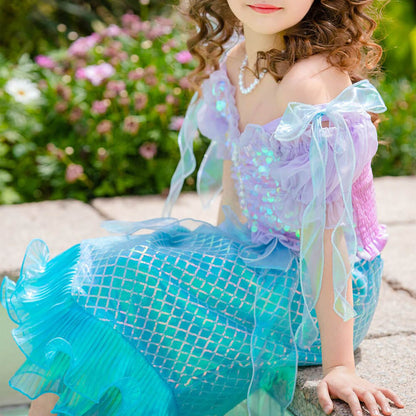 Mermaid Costume For Girls Ariel Dress Off-shoulder Top Mermaid Tail Skirt and Accessories for Kids 2-8 Years