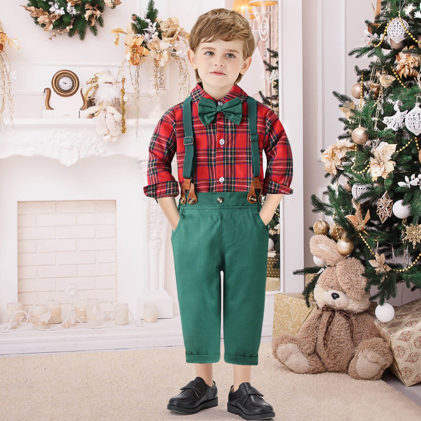 Baby Boy Christmas Outfit Toddler Dress Shirt Bow Tie and Pants Xmas Suit Formal Clothes Sets