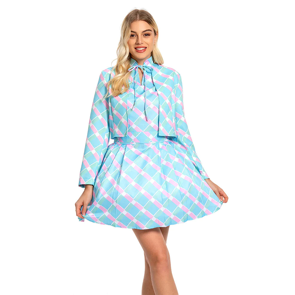 Movie Margot Robbie Plaid Blue Dress Women Barbara Doll Cosplay Outfit Halloween Costume