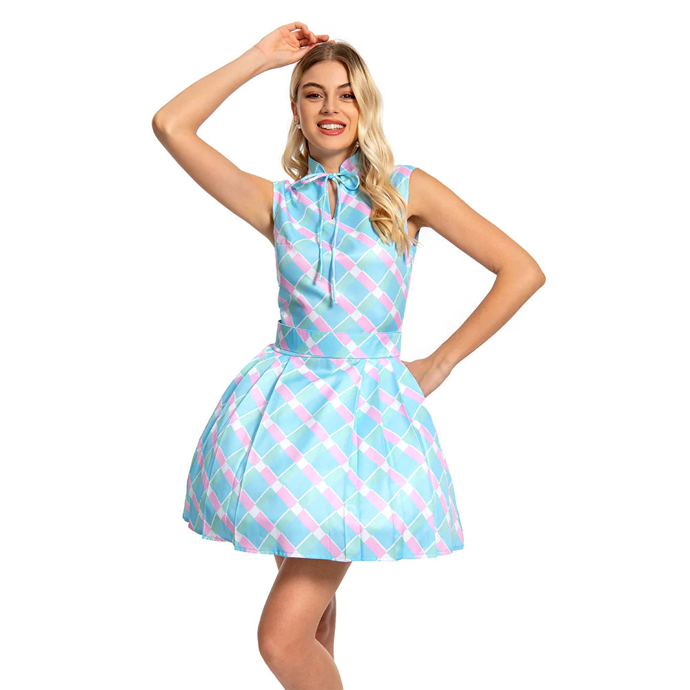 Movie Margot Robbie Plaid Blue Dress Women Barbara Doll Cosplay Outfit Halloween Costume