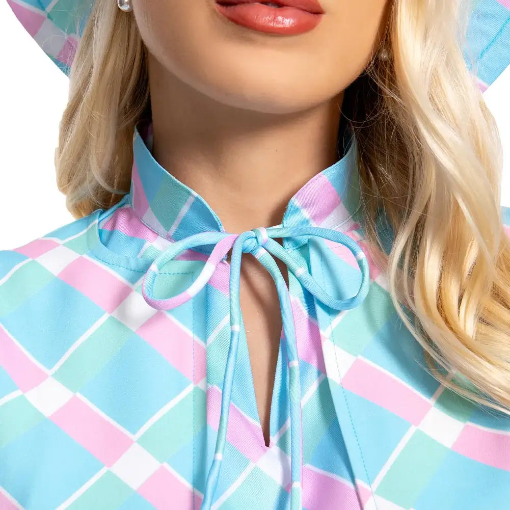 Movie Margot Robbie Plaid Blue Dress Women Barbara Doll Cosplay Outfit Halloween Costume