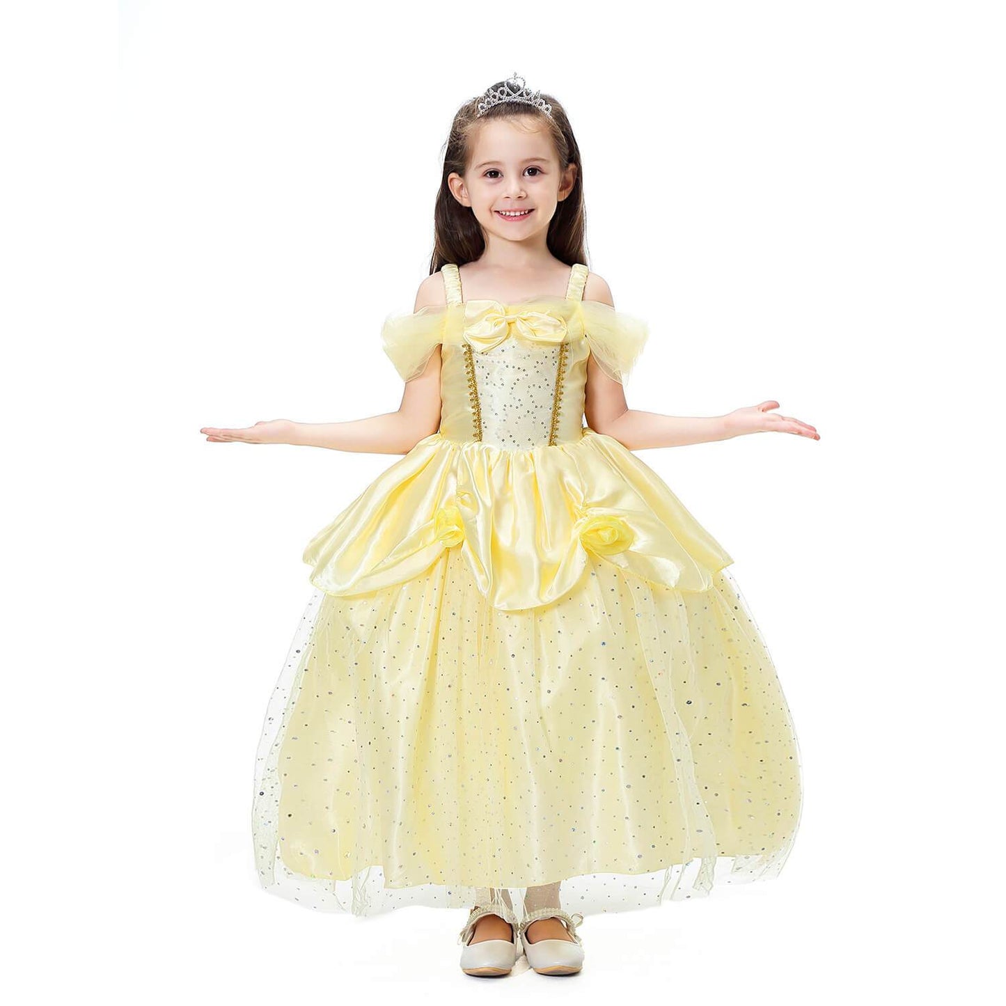 Princess Girls Costume Shining Sequin Overlay Party Dress Off Shoulder Layered Dress