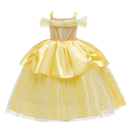 Princess Girls Costume Shining Sequin Overlay Party Dress Off Shoulder Layered Dress