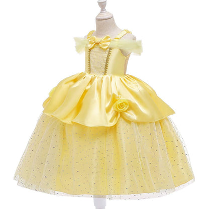 Princess Girls Costume Shining Sequin Overlay Party Dress Off Shoulder Layered Dress