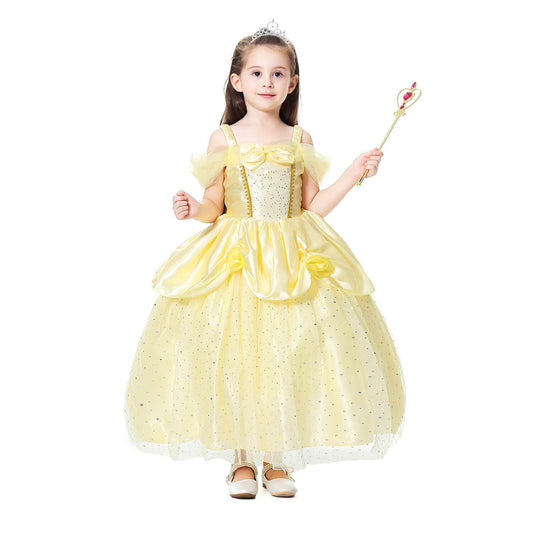 Princess Girls Costume Shining Sequin Overlay Party Dress Off Shoulder Layered Dress