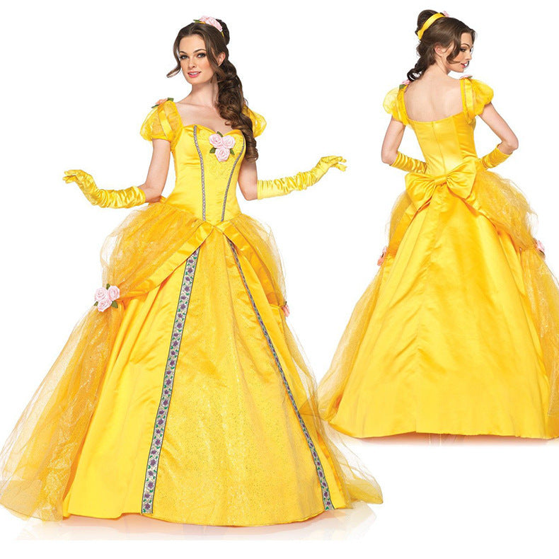 Women Belle Dress Movie Cosplay Princess Belle Costume Party Ball Gown Yellow Satin Carnival Dress