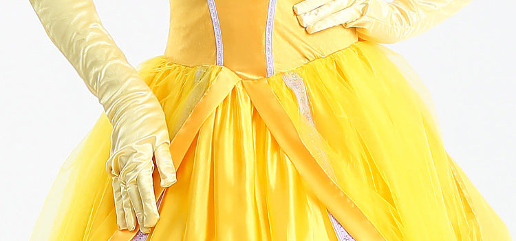 Women Belle Dress Movie Cosplay Princess Belle Costume Party Ball Gown Yellow Satin Carnival Dress