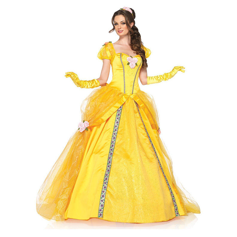 Women Belle Dress Movie Cosplay Princess Belle Costume Party Ball Gown Yellow Satin Carnival Dress