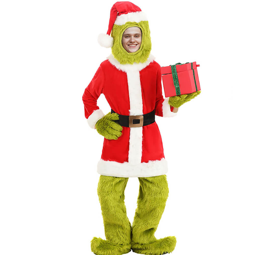 Christmas Green Monster Costume Kids Adults Furry Santa 6pcs Suit Unisex Xmas Outfit