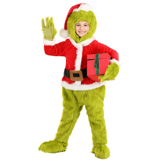 Christmas Green Monster Costume Kids Adults Furry Santa 6pcs Suit Unisex Xmas Outfit