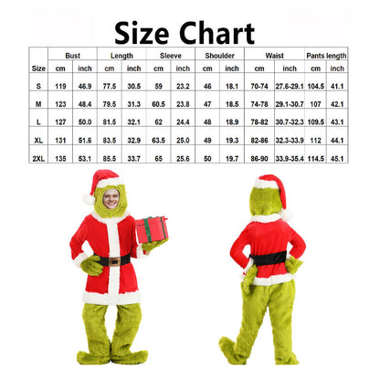 Christmas Green Monster Costume Kids Adults Furry Santa 6pcs Suit Unisex Xmas Outfit