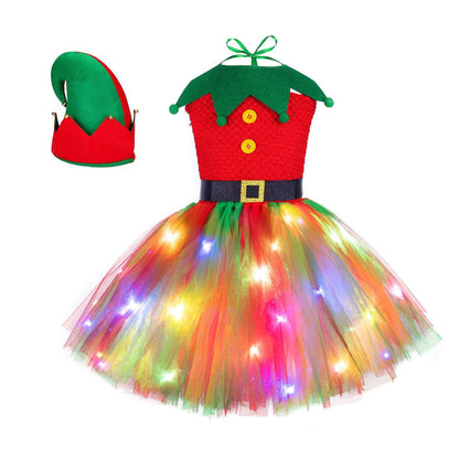 Christmas Elf Costume for Girls Toddler LED Light Up Tutu Dress and Elf Hat 2pcs Suit for Holiday Party