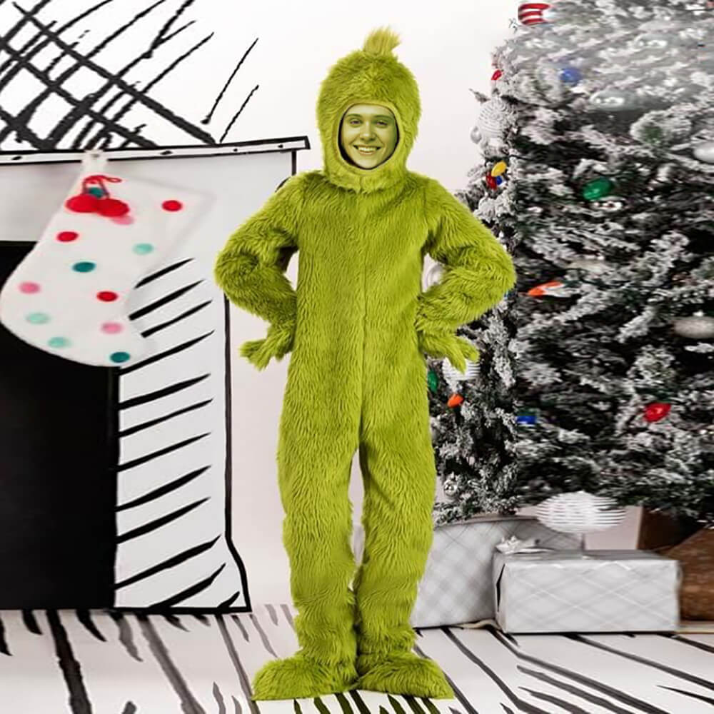 Green Monster Costume Christmas Furry Hooded Jumpsuit Gloves and Shoes Covers Suit for Kids Adults