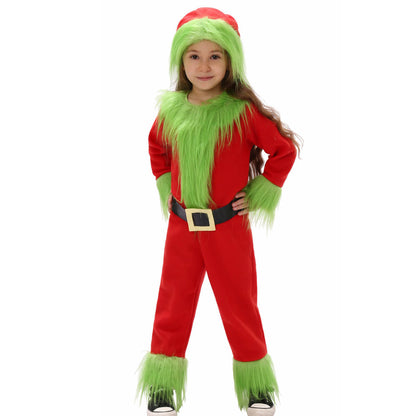 Kids Green Monster Santa Costume Furry Hooded Christmas Outfit for Boys and Girls