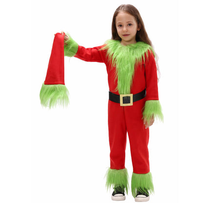 Kids Green Monster Santa Costume Furry Hooded Christmas Outfit for Boys and Girls