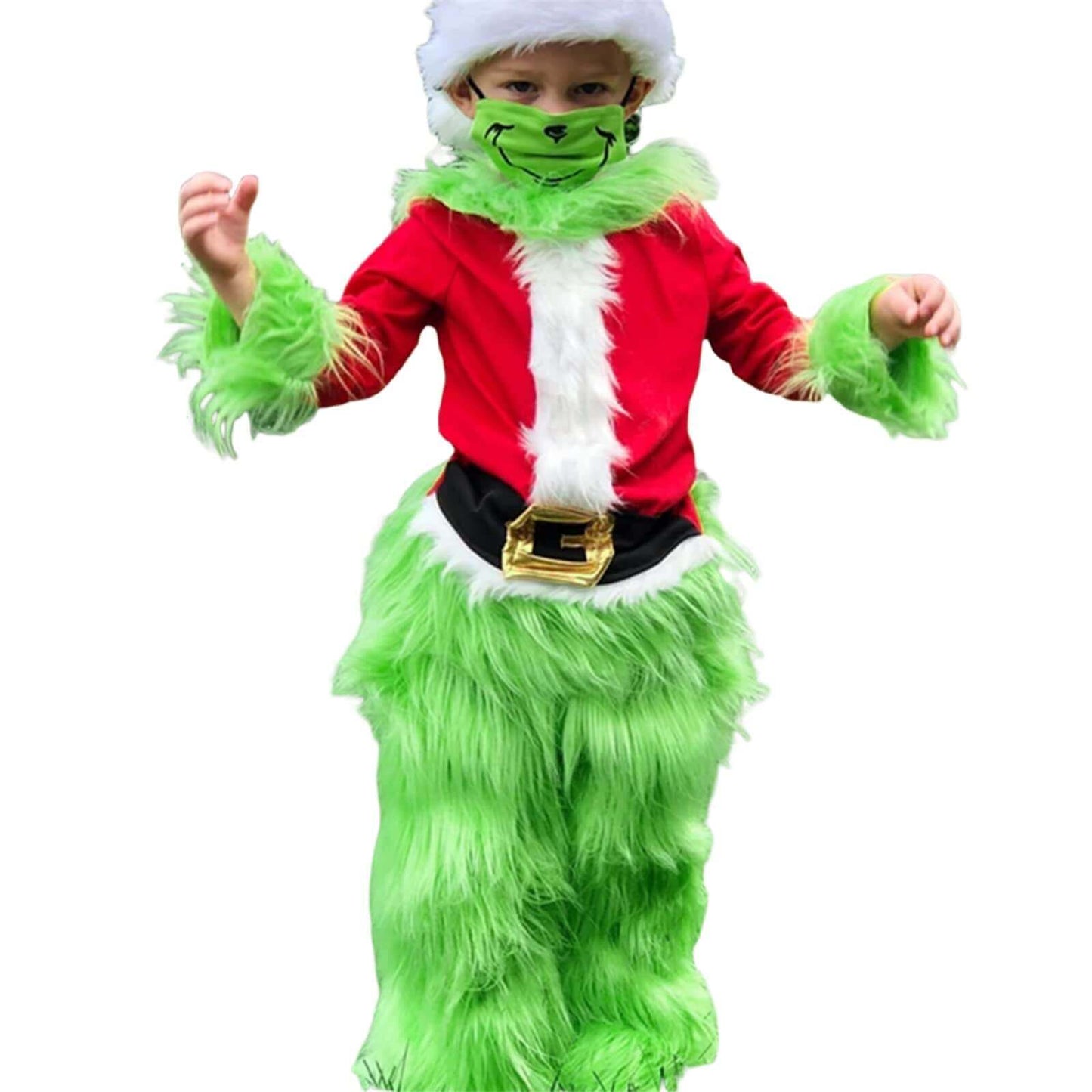 Kids Green Monster Santa Costume Furry Hooded Christmas Outfit for Boys and Girls