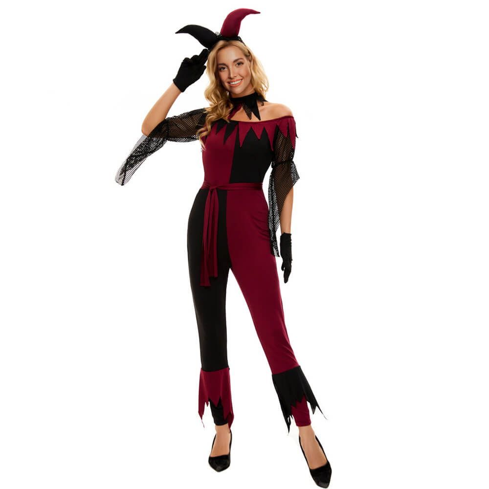 Adult Harley Cosutme Super Villain Outfit Red and Black Jumpsuit w/ Accessories for Halloween