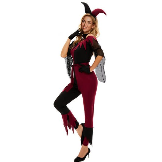 Adult Harley Cosutme Super Villain Outfit Red and Black Jumpsuit w/ Accessories for Halloween