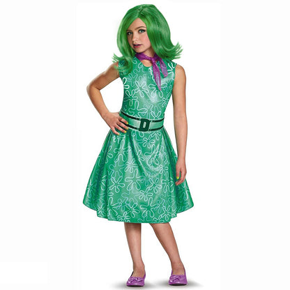 Inside Out Disgust Costume Green Sleeveless Dress with Belt and Scarf Kids Disgust Cosplay Outfit