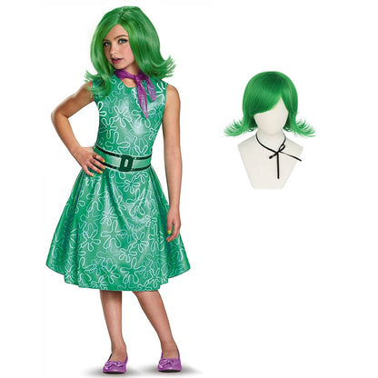 Inside Out Disgust Costume Green Sleeveless Dress with Belt and Scarf Kids Disgust Cosplay Outfit