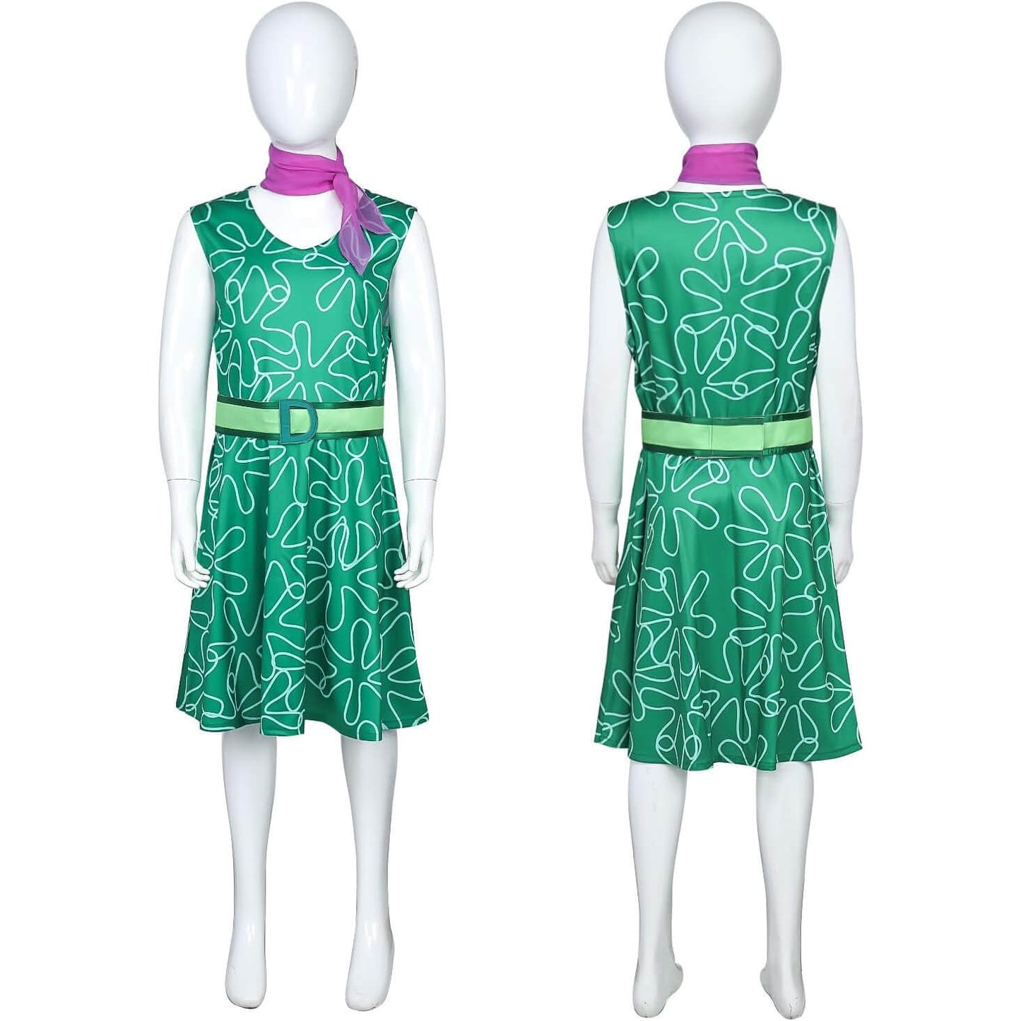 Inside Out Disgust Costume Green Sleeveless Dress with Belt and Scarf Kids Disgust Cosplay Outfit