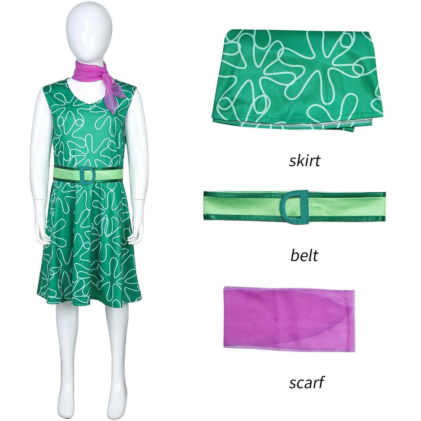 Inside Out Disgust Costume Green Sleeveless Dress with Belt and Scarf Kids Disgust Cosplay Outfit