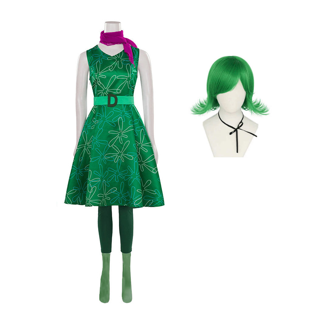 Inside Out Disgust Costume Green Sleeveless High Waist Dress Full Set Women Disgust Cosplay Outfit