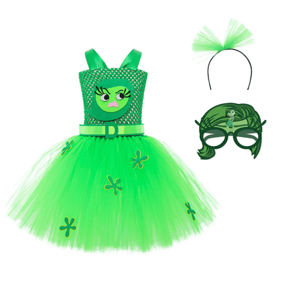 Girls Inside Disgust Costume Green Tutu Dress with Headband Outfit for Halloween Carnival