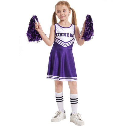 Kids Cheerleader Uniforms Girls 5t-10 Fancy Cheer Costume Cute Dress with Pom Poms and Socks