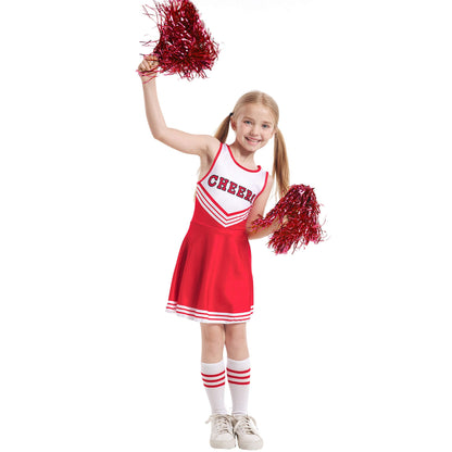 Kids Cheerleader Uniforms Girls 5t-10 Fancy Cheer Costume Cute Dress with Pom Poms and Socks