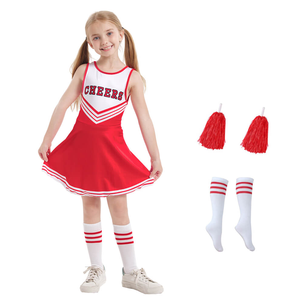 Kids Cheerleader Uniforms Girls 5t-10 Fancy Cheer Costume Cute Dress with Pom Poms and Socks