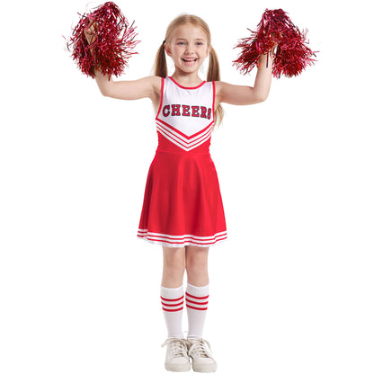 Kids Cheerleader Uniforms Girls 5t-10 Fancy Cheer Costume Cute Dress with Pom Poms and Socks