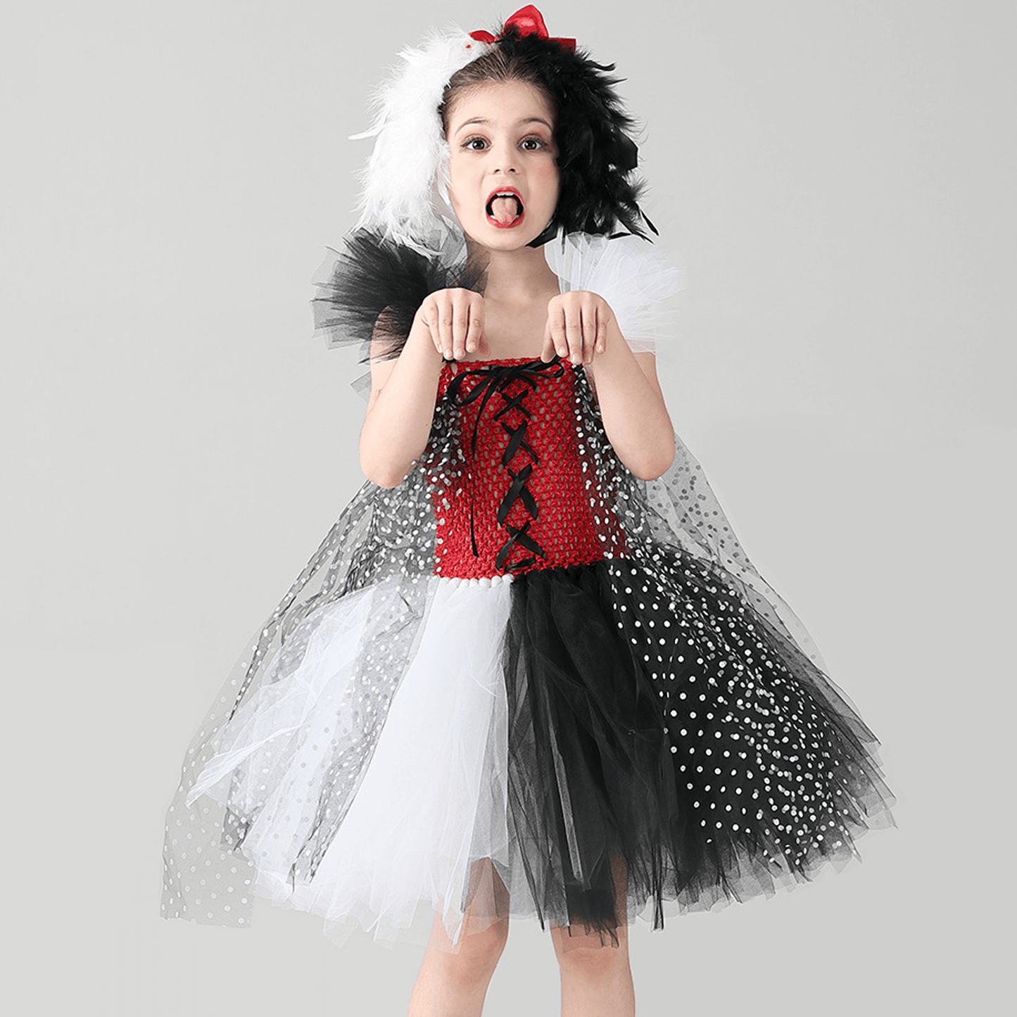 Kids Spots Tutu Dress with Headband for Girls Halloween Cosplay