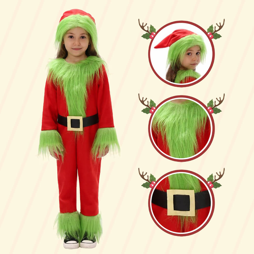 Kids Green Monster Santa Costume Furry Hooded Christmas Outfit for Boys and Girls