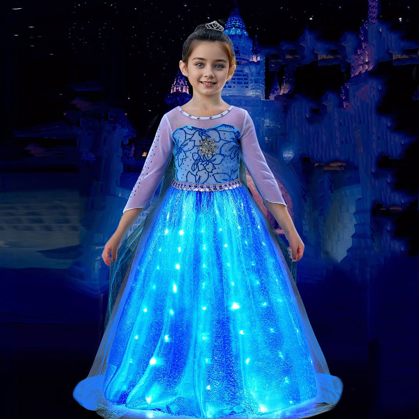 Light Up Princess Elsa Dress for Girls Ice and Snow Princess Dress Halloween Christmas Dress Up